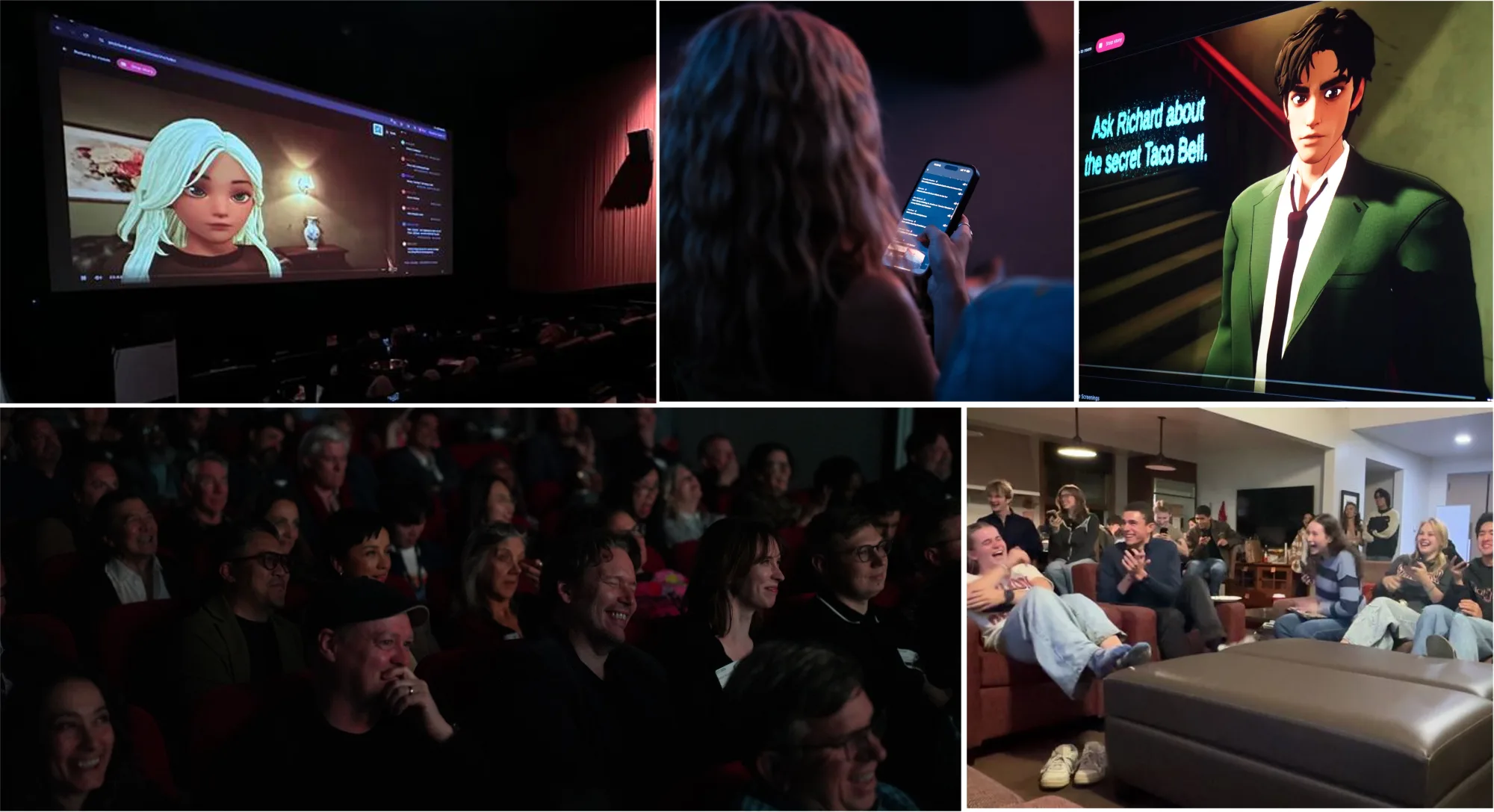 A live audience in a theater and a living room laughing at a generated animated story on screen while typing suggestions on their phones.