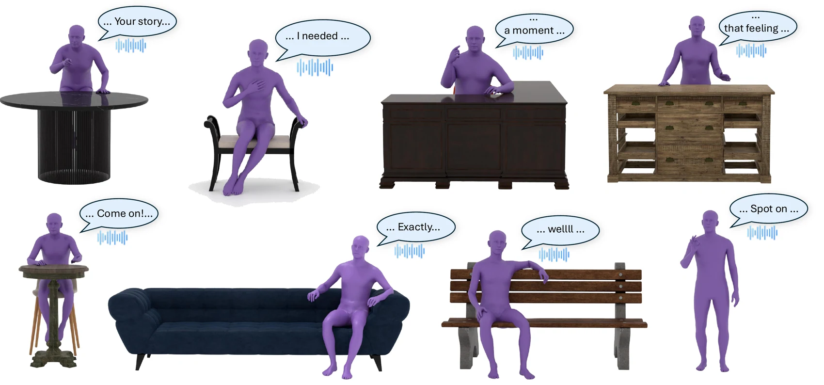 SceneGes examples showing people gesturing around varied tables, chairs, counters, a sofa, and a bench.