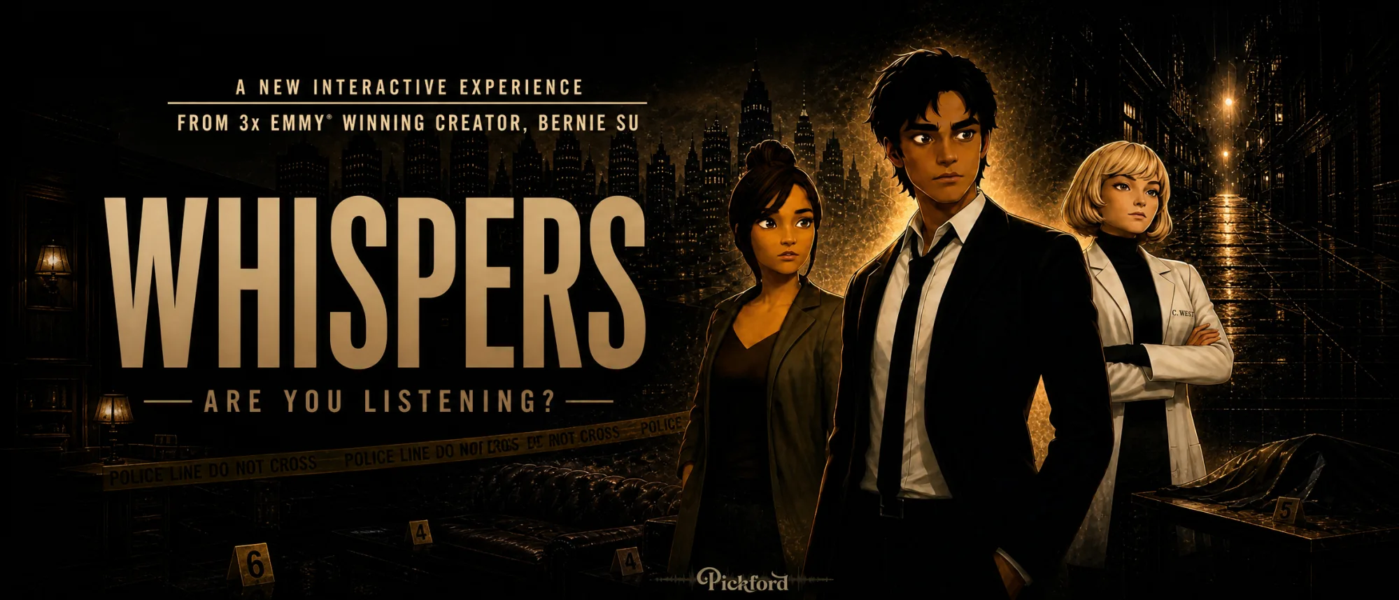 Whispers key art: Detective Marcus Kent with two colleagues against a rain-soaked noir city.
