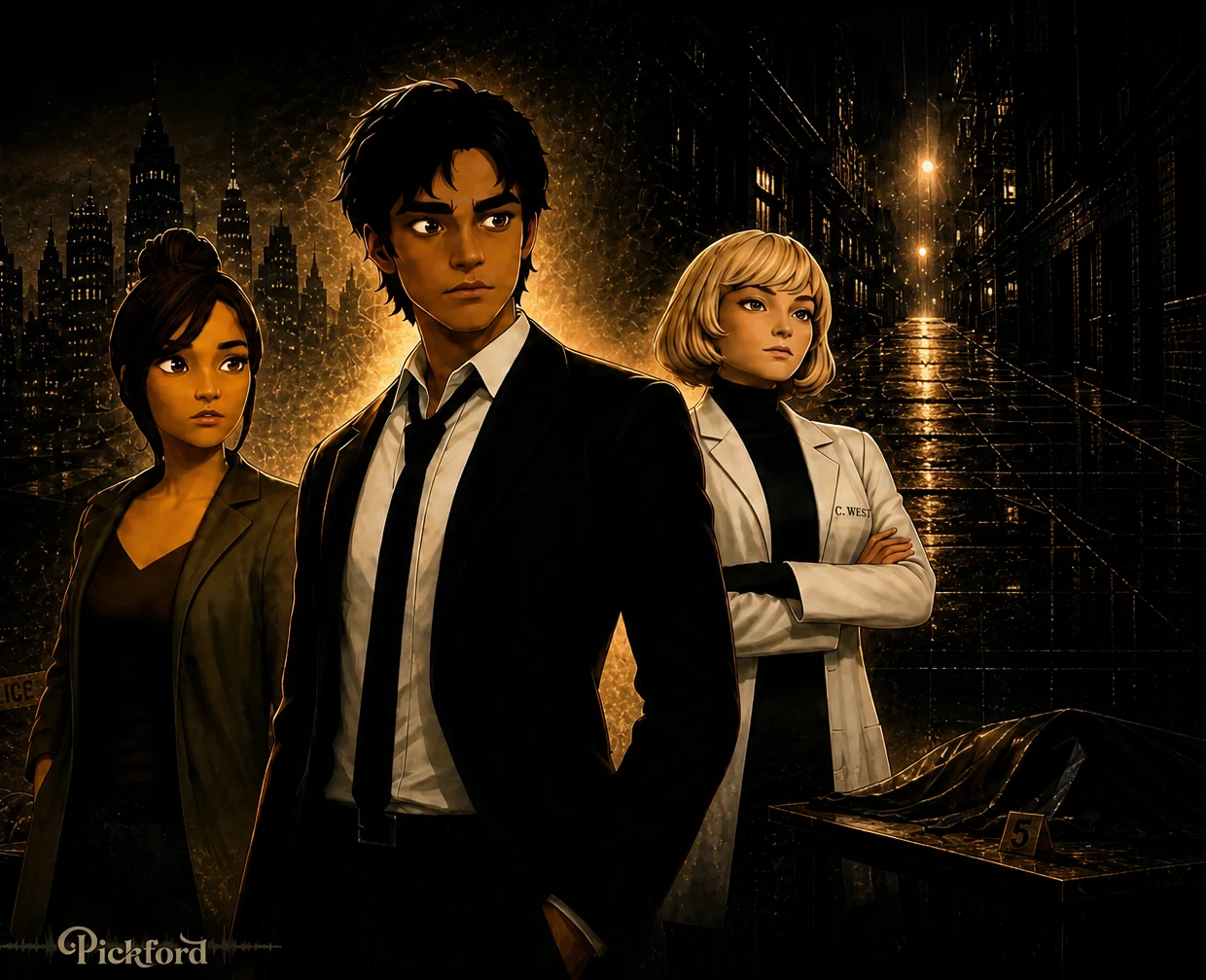 Detective Marcus Kent flanked by two colleagues in a dark, gold-lit city.
